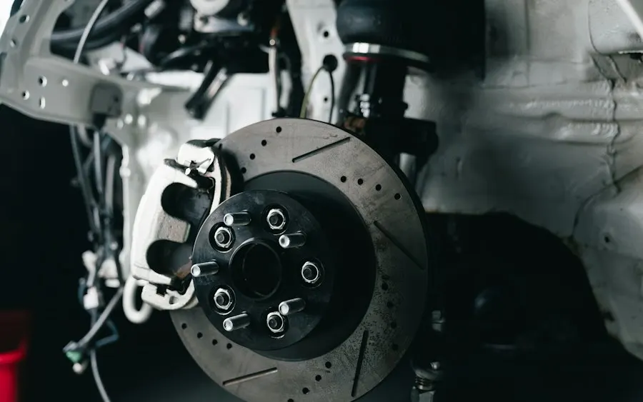 Close-up of a car brake disc and caliper